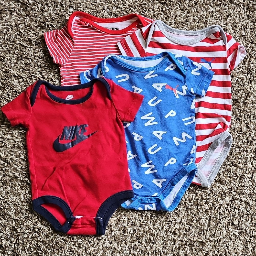 Nike & Puma Red White & Blue Onesie Collection Size Baby 0-3 Months & 6-9 Months